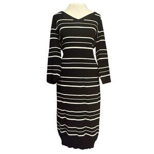 Pink Rose Sweater Dress‎  XL  Black Tan Striped Thin Knit 3/4 Sleeve